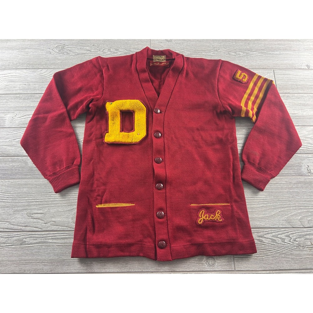Vintage Colborns Letterman Cardigan Sweater Burgundy Red Chenille Patch Jack 50s